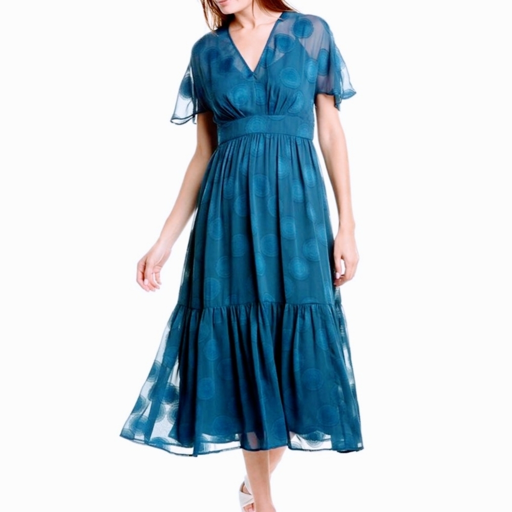 Maggy London Embroidered Teal Midi Dress with V-Neck and Flutter Sleeves Sz. 10P